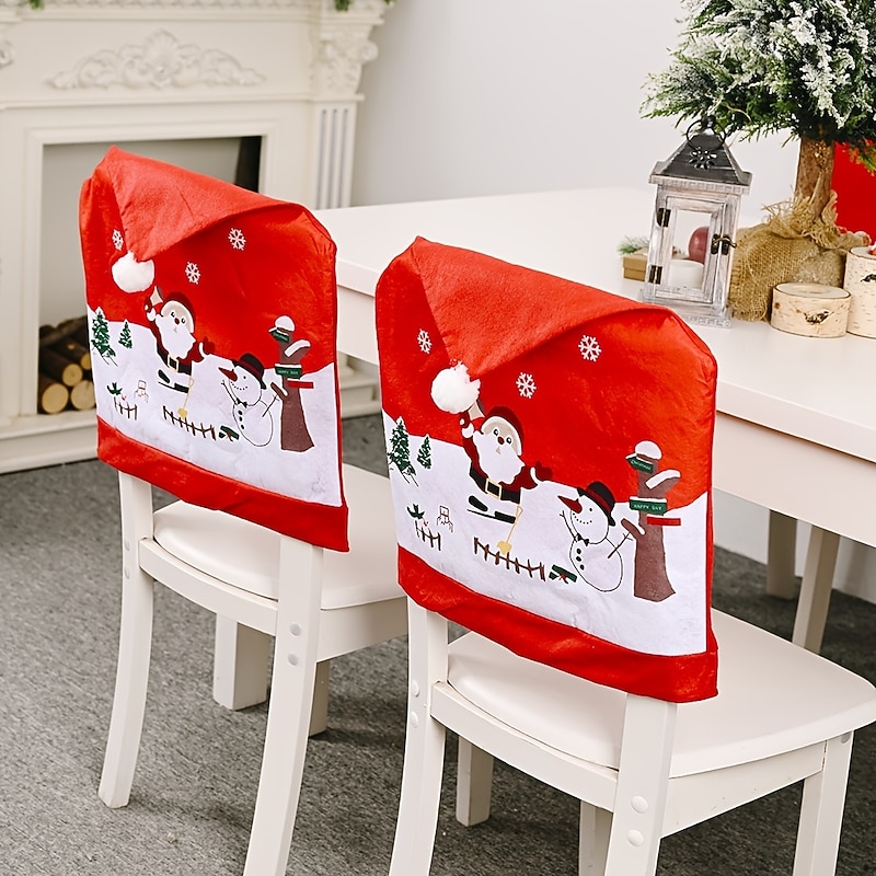 Christmas Santa Claus Chair Covers with Red Hat for Kitchen Dining Room Party Table Chair Decoration