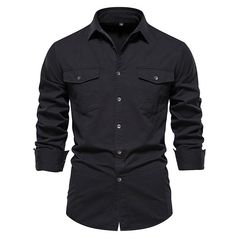 Men's Shirt Button Up Shirt Casual Shirt Black Navy Blue Green khaki Dark Gray Long Sleeve Plain Lapel Daily Vacation Front Pocket Clothing Apparel 100% Cotton Fashion Casual Comfortable