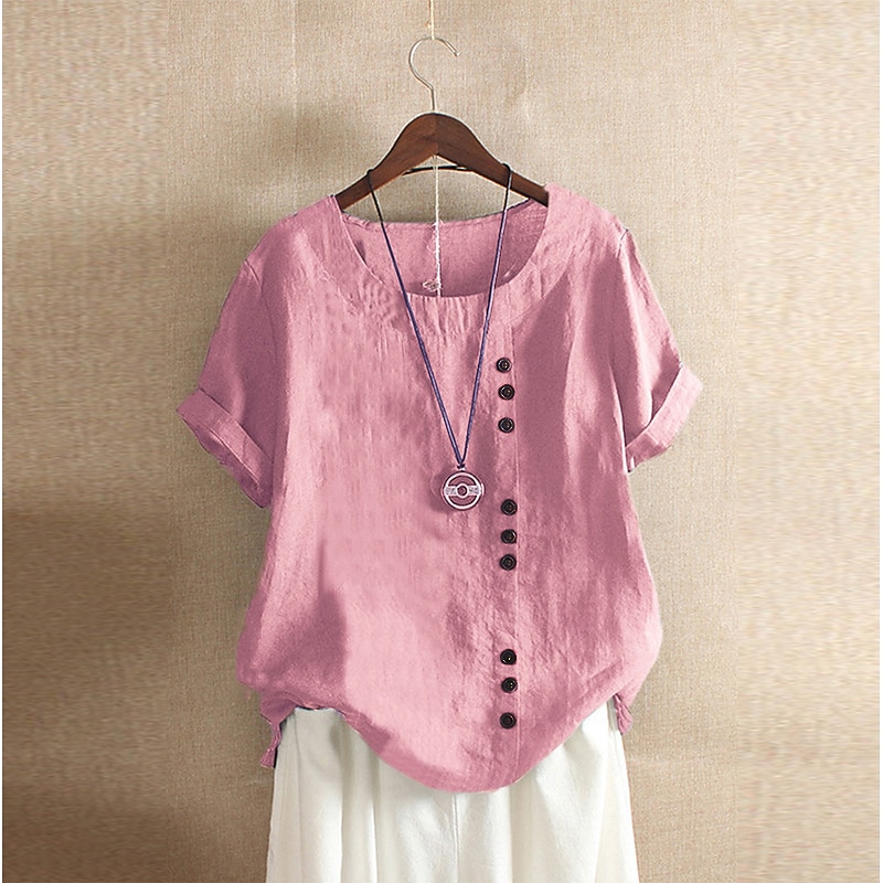 Women's 100% Cotton Shirt Patchwork Casual Daily Weekend Solid Casual Linen Like Short Sleeve Crew Neck Round Neck White Summer Spring3