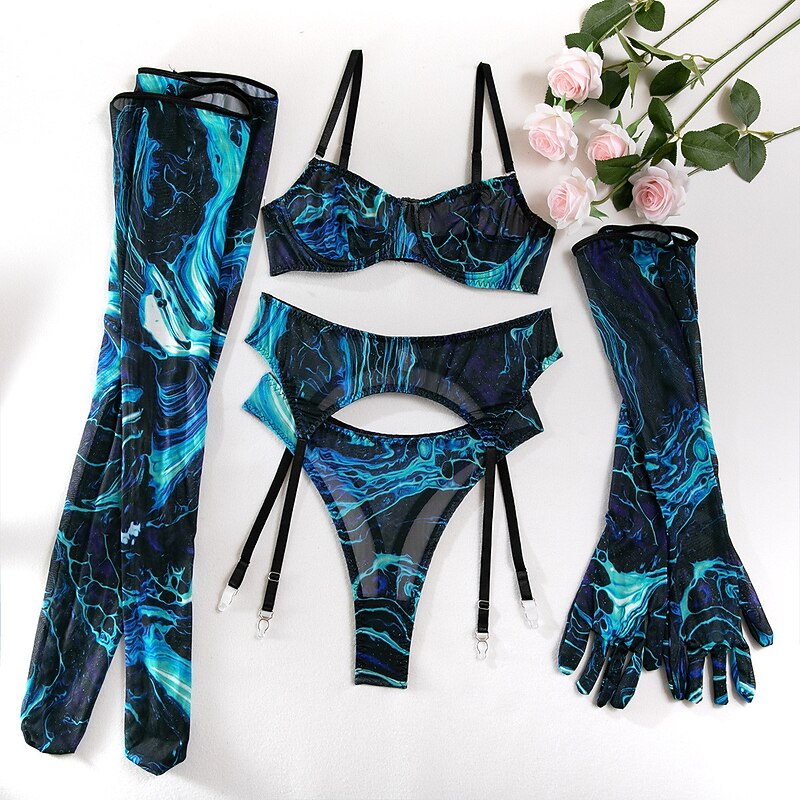 Women's Sexy Lingerie Sets 5 Pieces Pure Color Lovers Hot Home Valentine's Day Bed Mesh Breathable Straps Sleeveless Backless Summer Spring Home Outfits4