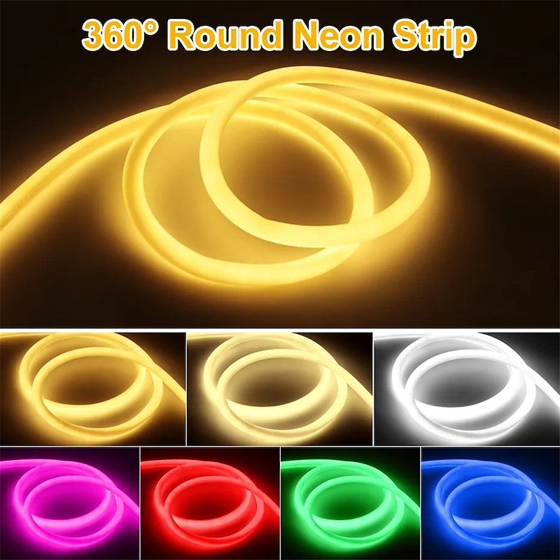 360 Round Neon Led Light Strip 220V-240V Tube Flexible Rope Lights Waterproof Holiday Home Decoration for Indoors Outdoors DIY Decor