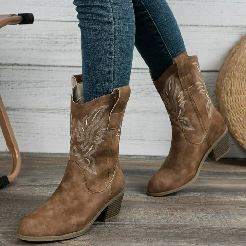 Women's Western Cowboy Boots with Embroidered Design - Comfortable Mid-Calf Boots for Country Events and Everyday Wear