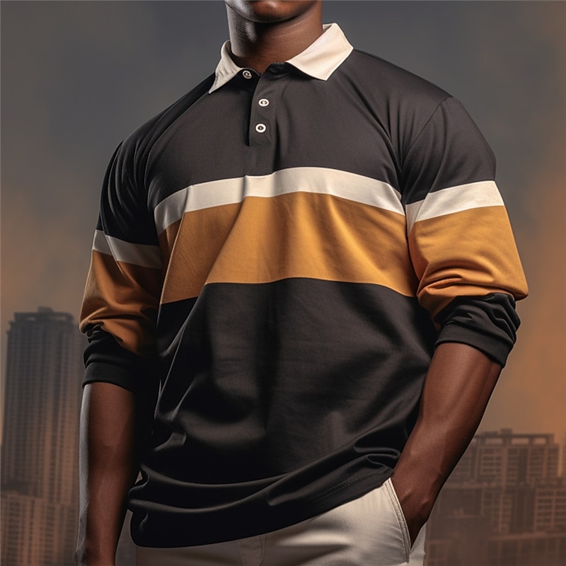 Men's Stripe Rugby Polo Golf Polos Shirts Long Sleeve Polo Shirts Turndown Casual Outdoor Casual Daily Streetwear 3D Print Fall & Winter Yellow Brown2