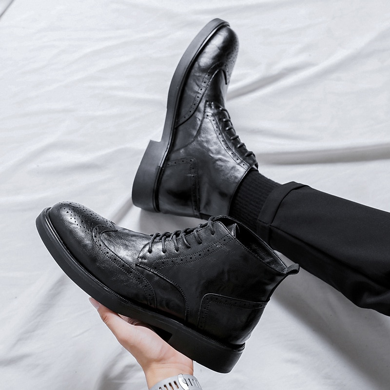 Men's Black Leather Brogue Ankle Boots – Classic Wingtip Lace-Up Dress Boots for Formal and Casual Wear3