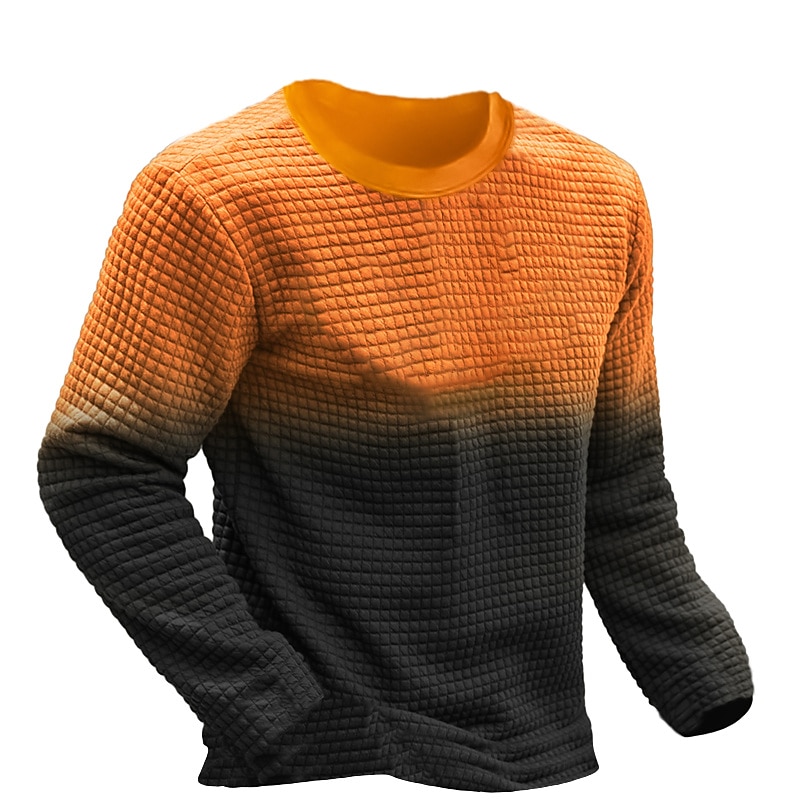 Men's Waffle Tee T Shirt Waffle Knit Tee Tee Top Long Sleeve Crew Neck Spring &  Fall Color Block Fashion Designer Basic Patchwork Vacation Street Going out Orange Brown Green Top Tee for Men