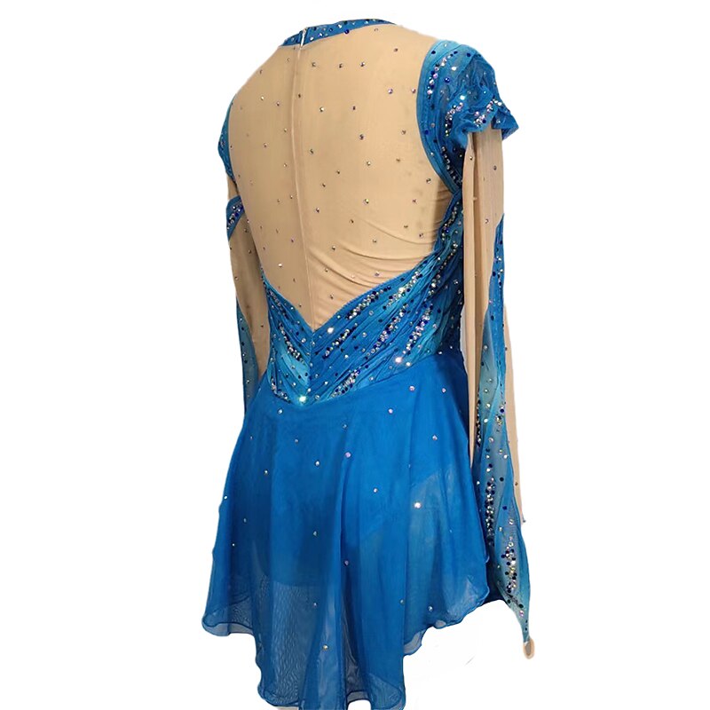 Figure Skating Dress Women's Girls' Ice Skating Dress Blue Patchwork Thumbhole Mesh Spandex Stretchy Training Practice Professional Skating Wear Crystal / Rhinestone Long Sleeve Figure Skating4