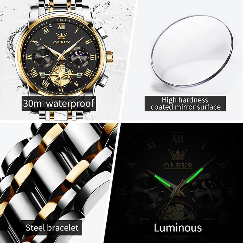 OLEVS Men Quartz Watch Fashion Casual Wristwatch Moon phase Luminous Calendar Chronograph Stainless Steel Watch3