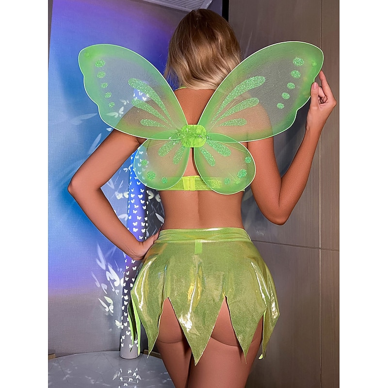 Fairytale Tinker Bell Halloween Cosplay Costume Wings Bra Glossy Sexy Costume Adults' Women's Carnival Masquerade Mardi Gras Performance Party Halloween Easy Halloween Costumes Dress Up3