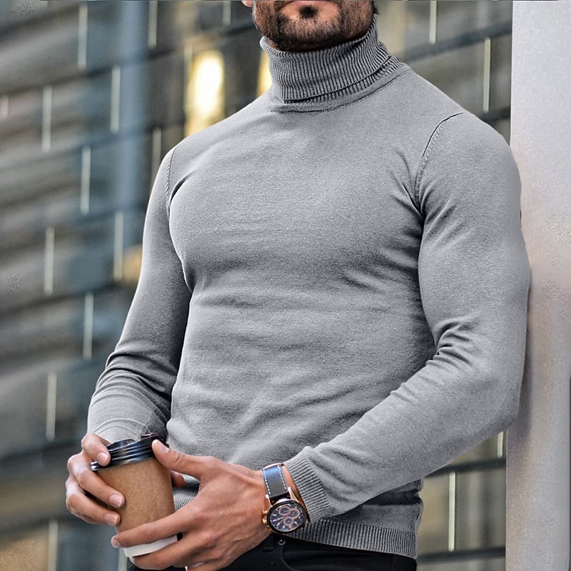 Men's Turtleneck Sweater Pullover Sweater Jumper Ribbed Knit Regular Knit Plain Turtleneck Modern Contemporary Slim Fit Work Daily Wear Clothing Apparel Fall & Winter Wine Black M L XL4