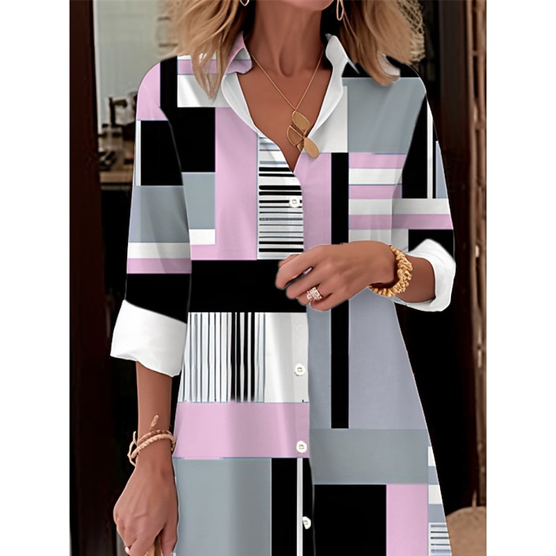 Women's Shirt Dress Casual Dress Outdoor Office Daily Fashion Modern Shirt Collar Button Pocket Long Sleeve Fall Winter Loose Fit Geometric Plaid Color Block2