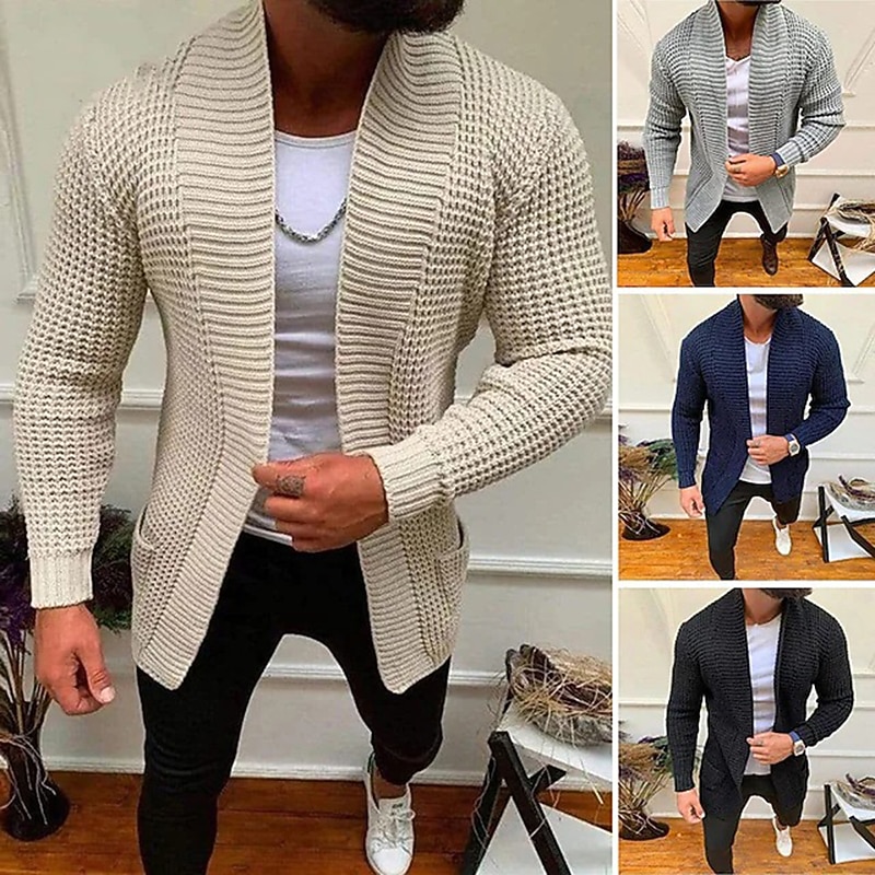 Men's Cardigan Sweater Fall Sweater Ribbed Knit Regular Tops Knitted Plain Open Front Warm Ups Modern Contemporary Daily Wear Going out Clothing Apparel Winter Black Blue M L XL