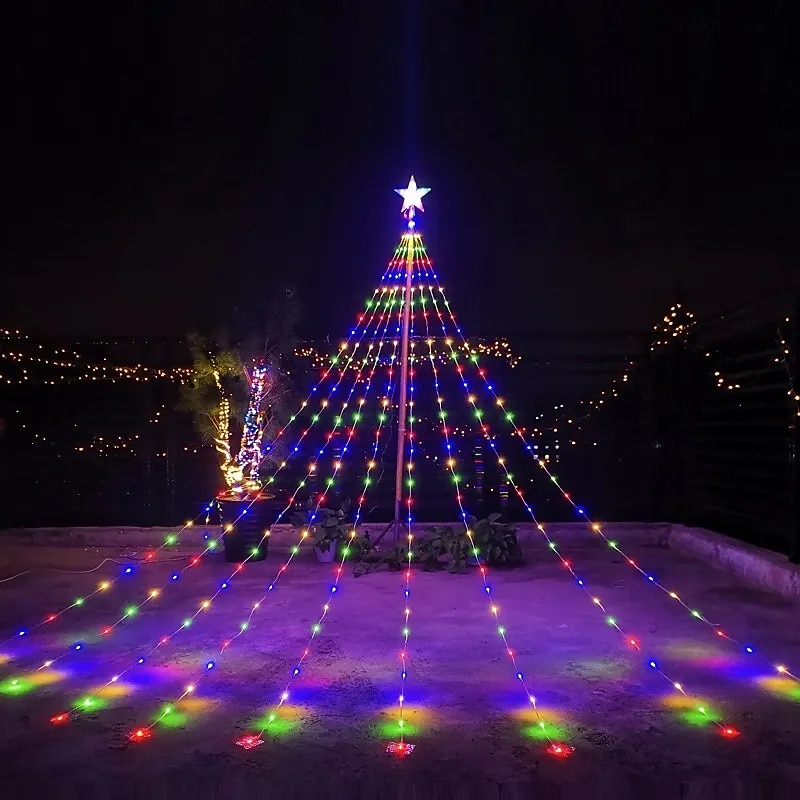 LED Christmas Tree Light Pentagram Waterfall Solar Lights 198 LEDs Waterproof Outdoor Garden Decoration Christmas Lights EU Plug