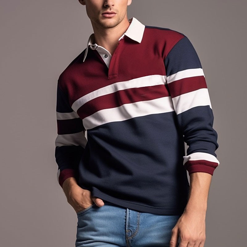 Men's Striped Rugby Polo Shirts Long Sleeve Polo Shirts Zip Casual Outdoor Casual Daily Streetwear 3D Print Fall & Winter Yellow Wine Red3