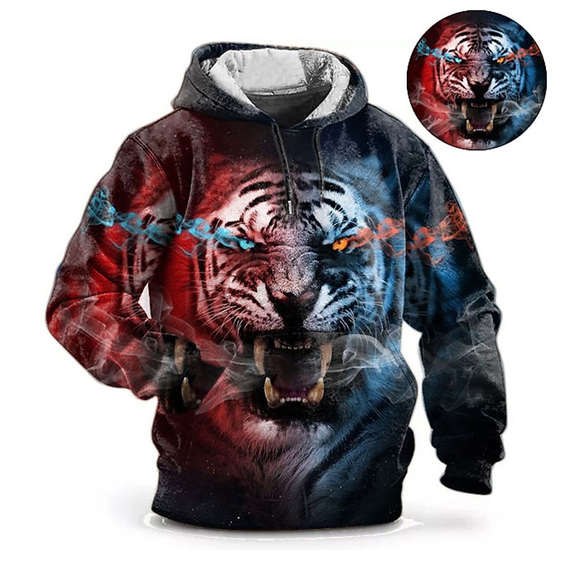 Men's Graphic Animal Tiger Hoodie Hoodies Sweatshirt Fashion Daily Long Sleeve Hooded Vacation Sports Outdoor Holiday Red Blue Print Front Pocket Spring &  Fall Designer4