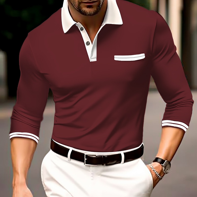 Men's Button Up Polos Golf Shirt Casual Sports Lapel Long Sleeve Fashion Basic Plain Button Spring &  Fall Regular Fit White Red Blue Dark Gray Gray Button Up Polos4