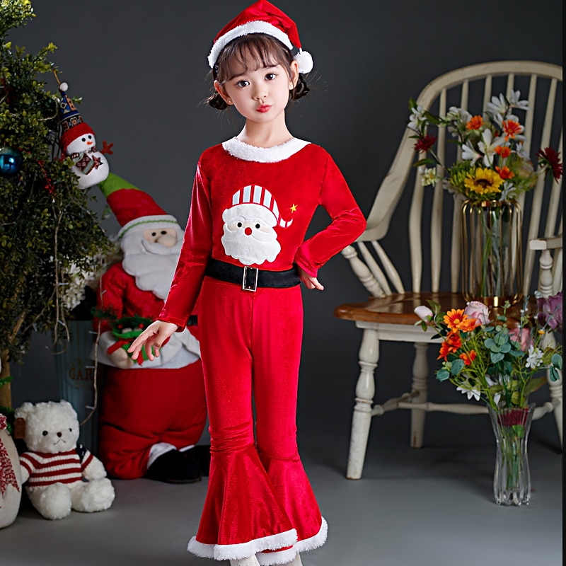 3 Pieces Kids Girls' Christmas Cartoon Christmas Sets Set Long Sleeve Active School Cotton 7-13 Years Spring Red3