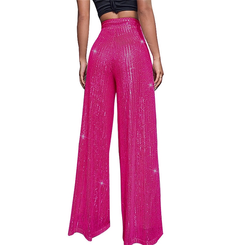 Women's Wide Leg Pants Trousers Sparkly Pants Elegant Fashion Sparkle Full Length High Waist Plain Sequins Comfy Micro-elastic Party Street Party & Evening claret M beige Pink gold Black Summer Spring4