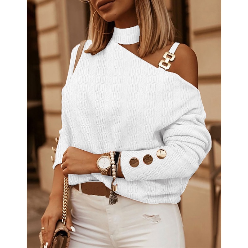 Women's Shirt Blouse Fashion Cut Out Long Sleeve Regular Tops Turtleneck High Neck Casual Black White Pink Blue Khaki Spring &  Fall2