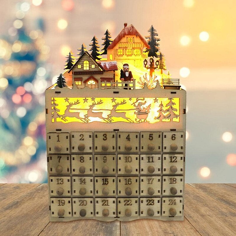 Wooden Advent Calendar with 24 Drawers DIY Christmas Calendar with LED Lighting Gift for Children