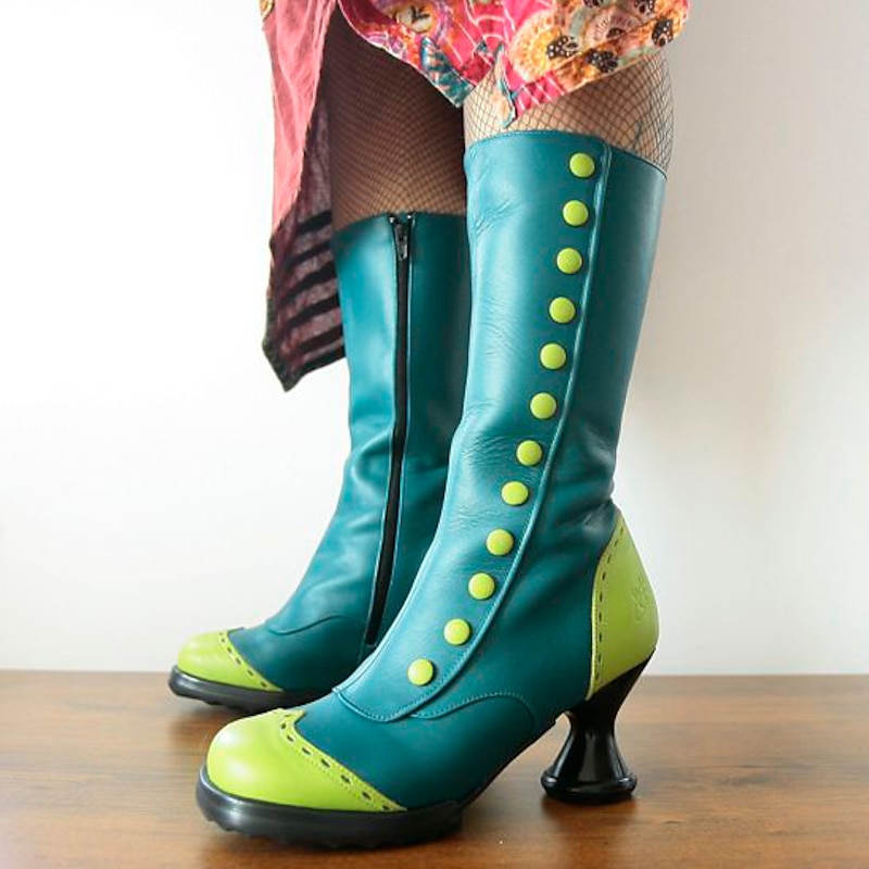 Women's Vintage Teal and Lime Button-Up Knee-High Boots with Sculpted Heels - Retro Cosplay and Statement Fashion Footwear