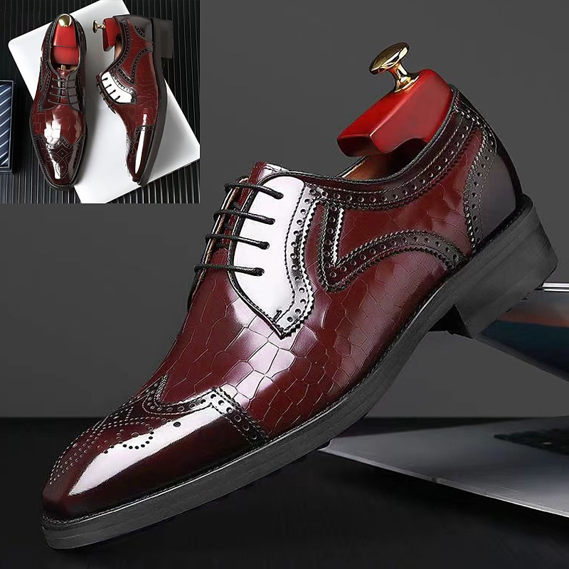 Men's Burgundy Patent Leather Oxford Shoes with Brogue Detailing and Crocodile Pattern - Elegant Lace-Up Dress Shoes for Formal Occasions