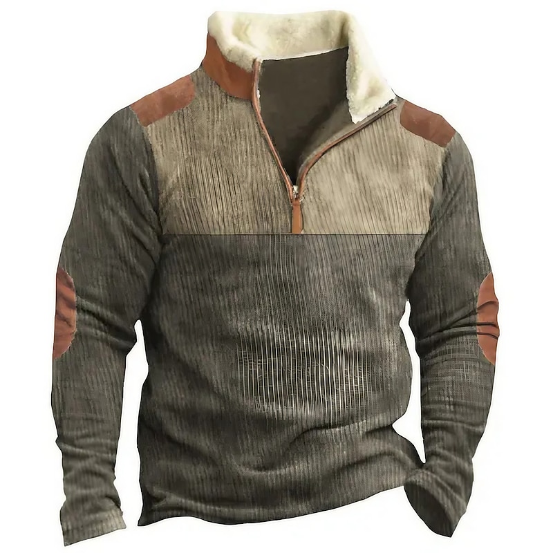 Men's Sweatshirt Quarter Zip Sweatshirt Brown Half Zip Color Block Patchwork Sports & Outdoor Daily Holiday Corduroy Streetwear Basic Casual Fall & Winter Clothing Apparel Hoodies Sweatshirts - Main Image