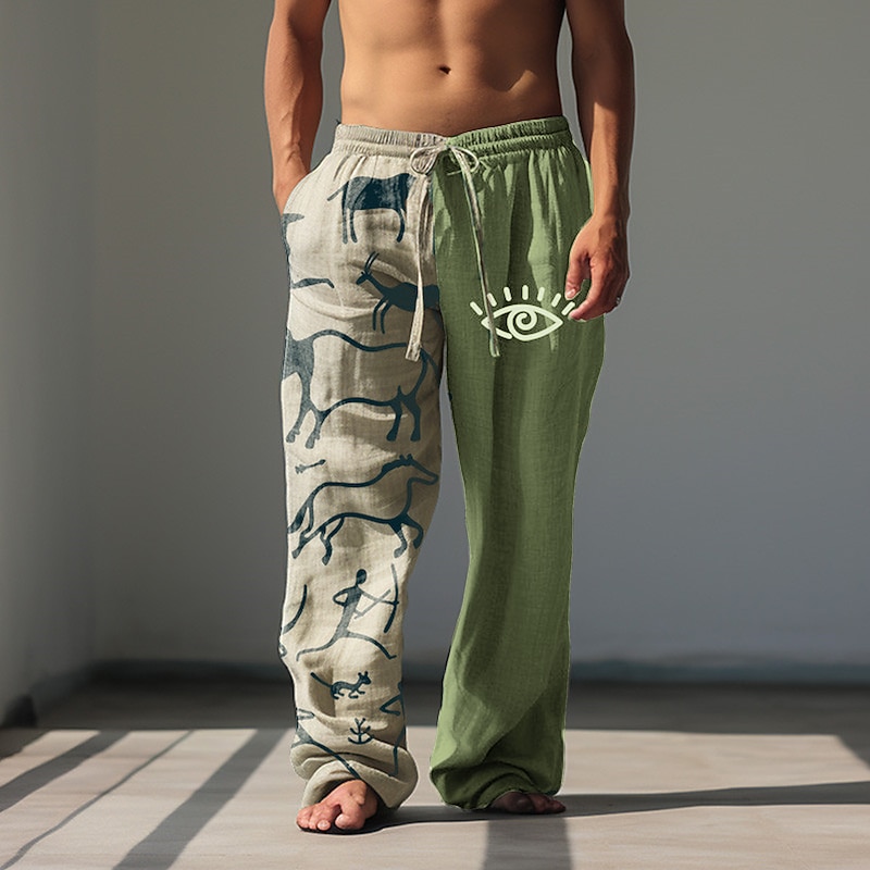 Men's Graphic Prints Linen Pants Trousers Summer Pants Mid Waist Vintage Classic Style Casual Daily Holiday Drawstring Elastic Waist 3D Print Spring & Summer 3D Print Blue Green Khaki
