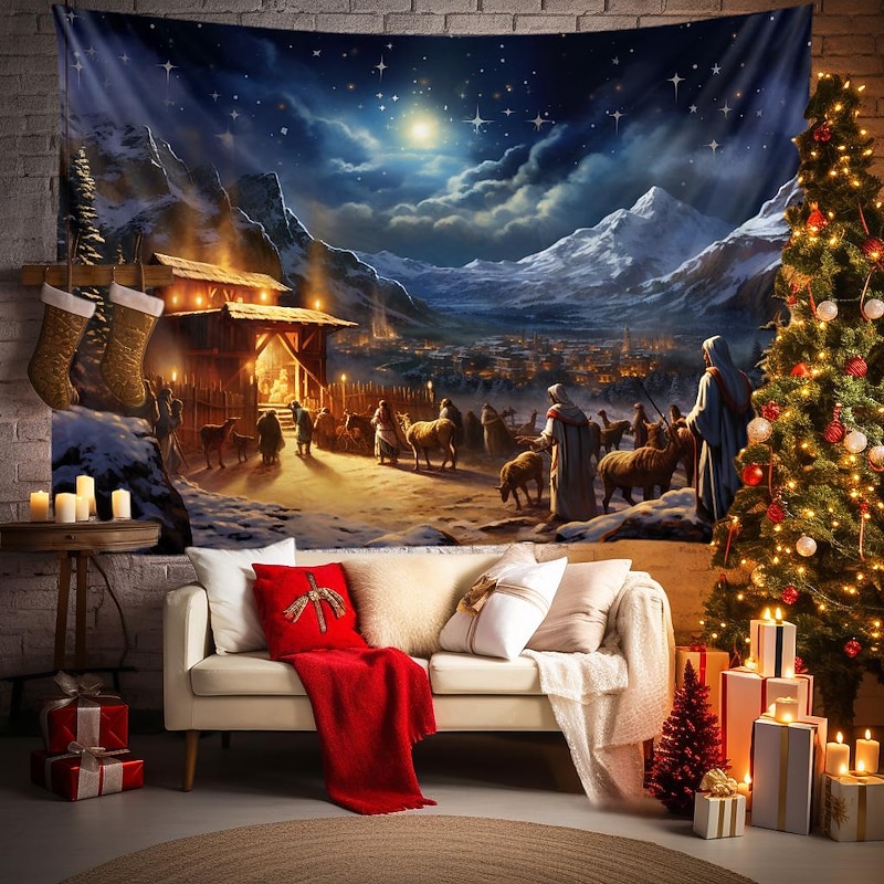 Christmas Decorations Nativity Scene Baptism Hanging Tapestry Wall Art Xmas Large Tapestry Mural Decor Photograph Backdrop Blanket Curtain Home Bedroom Living Room Decoration3