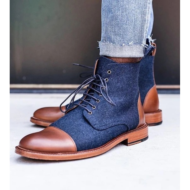 Men's Brown Leather and Denim Lace-Up Boots with Cap Toe and Rugged Sole | Stylish Vintage Ankle Boots