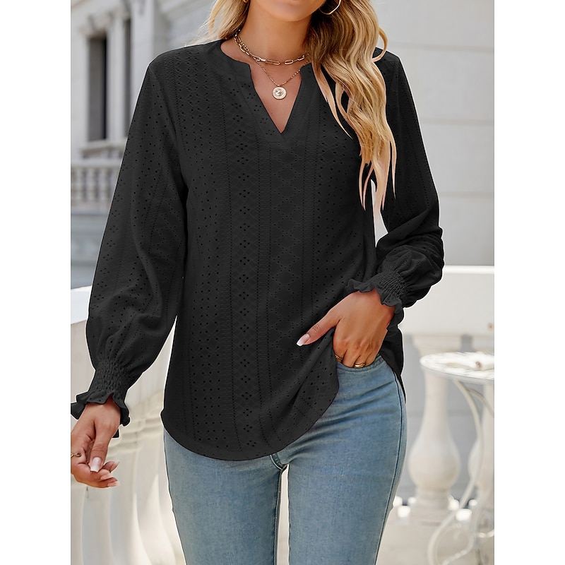 Shirt Blouse Women's Black White Pink Solid Color Hollow Out Daily Fashion Shirt Collar Regular Fit S