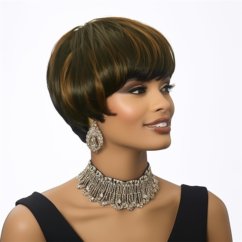 Pixie Cut Straight Wig Short Cut Black Mixed Brown Straight for Black Women Pixie Cut Wig for Black Women Straight Short Pixie Wig