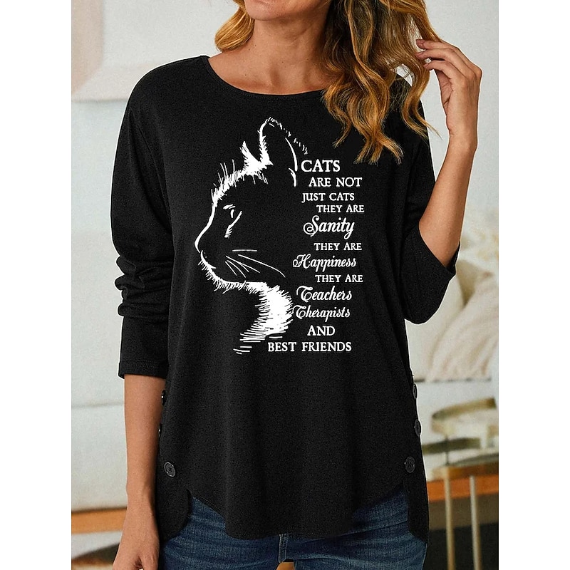 Women's T Shirt Fashion Cat Letter Print Long Sleeve Regular Tops Round Neck Daily Weekend Black Pink Purple Gray Spring &  Fall2