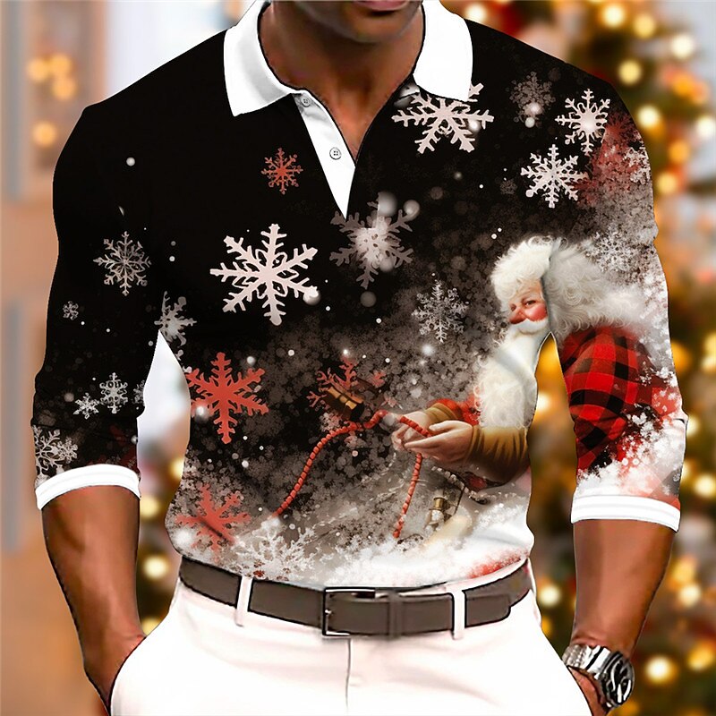 Christmas Men's Santa Claus Snowflake Button Up Polos Golf Polos Shirts Long Sleeve Polo Shirts Turndown Casual Outdoor Christmas Party Print Black Red2