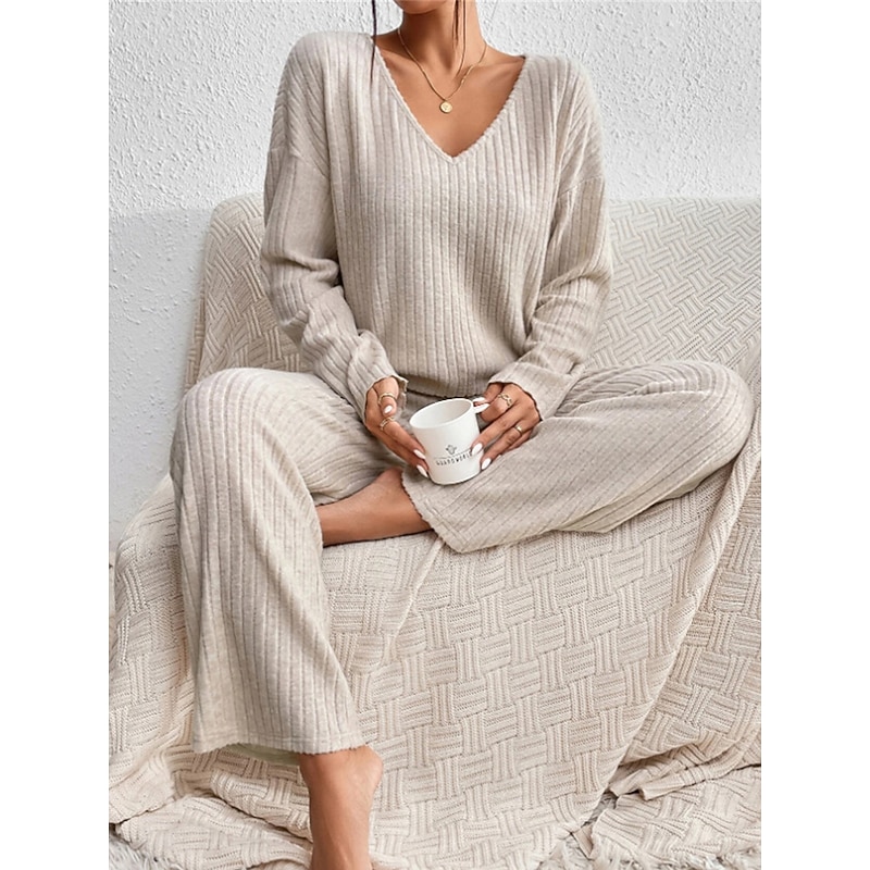 Women's Loungewear Sets Pure Color Casual Comfort Soft Home Daily Vacation Knit Breathable V Wire Long Sleeve Sweater Pant Fall Winter Home Outfits3