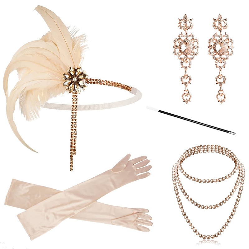 Vintage 1920s The Great Gatsby Flapper Headband Accessories Set Charleston Feather Fancy Dress Women's Masquerade Festival Adults' Gloves Headband All Seasons