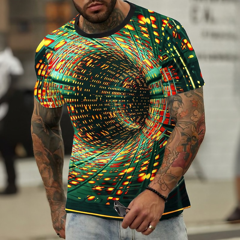 Men's Graphic Geometic Technology T Shirt Short Sleeve T shirt 3D Print Crew Neck Shirt Daily Designer Retro Vintage Sports Outdoor Holiday Going out Yellow Orange Green Spring & Summer Clothing