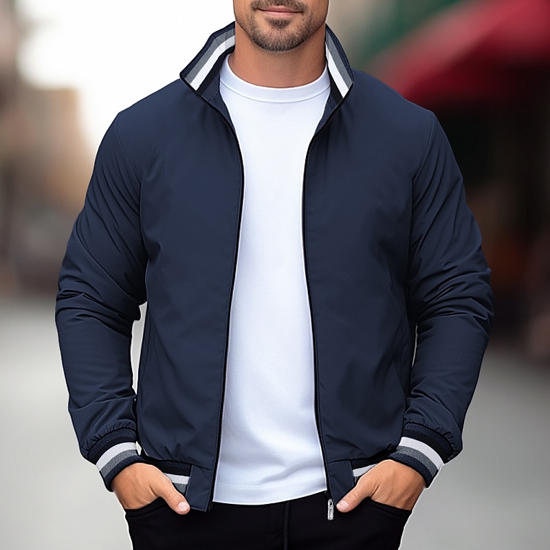Men's Casual Jacket Sport Coat Daily Wear Warm Pocket Fall Winter Solid Color Fashion Sporty Stand Collar Regular Black Yellow Navy Blue Green Jacket3