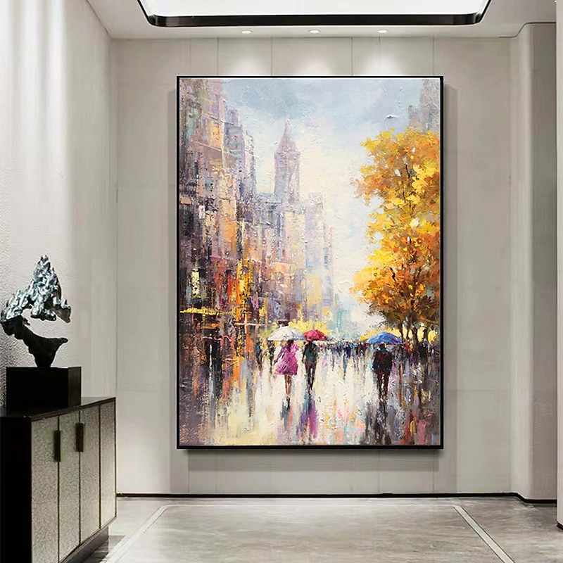 Handmade Hand Painted Modern city Oil Painting Wall art City Landscape Oil Painting Rain Day Painting Street Scenery Painting Original city art painting Decor Rolled Canvas No Frame Unstretched