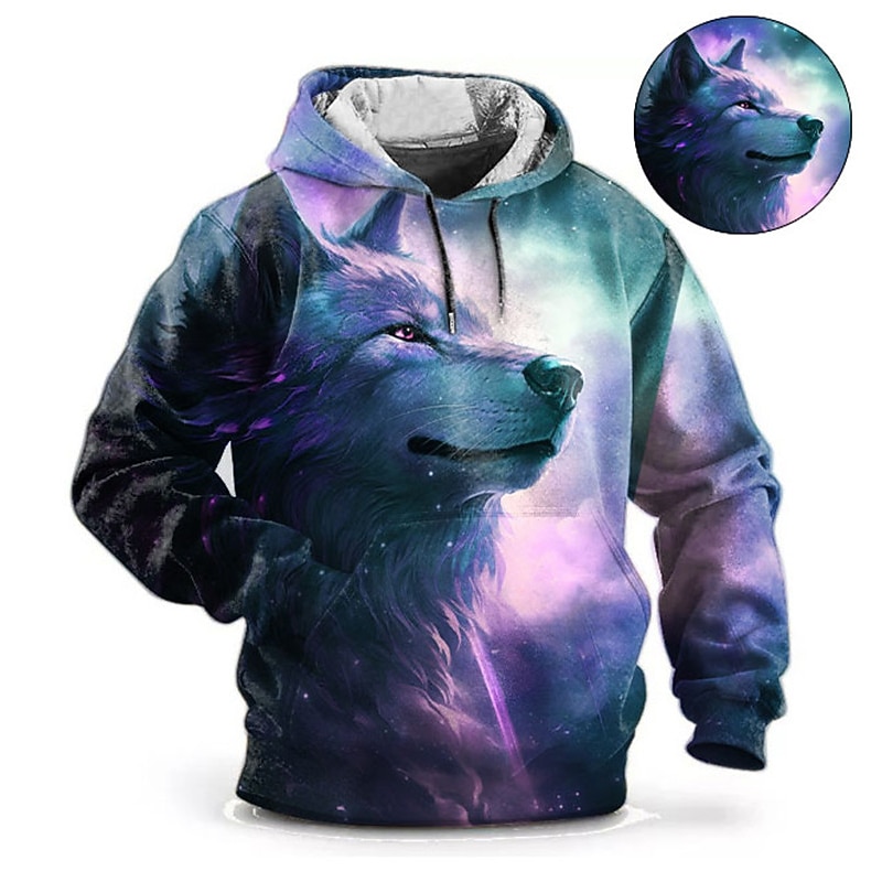 Men's Graphic Animal Wolf Hoodie Hoodies Sweatshirt Fashion Daily Long Sleeve Hooded Vacation Sports Outdoor Holiday Blue Purple Print Front Pocket Spring &  Fall Designer3