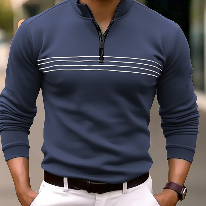 Men's Polo Shirt Quarter Zip Polo Daily Wear Vacation Quarter Zip Long Sleeve Fashion Comfortable Stripes Zip Up Spring &  Fall Regular Fit Black Navy Blue Orange Brown Polo Shirt4