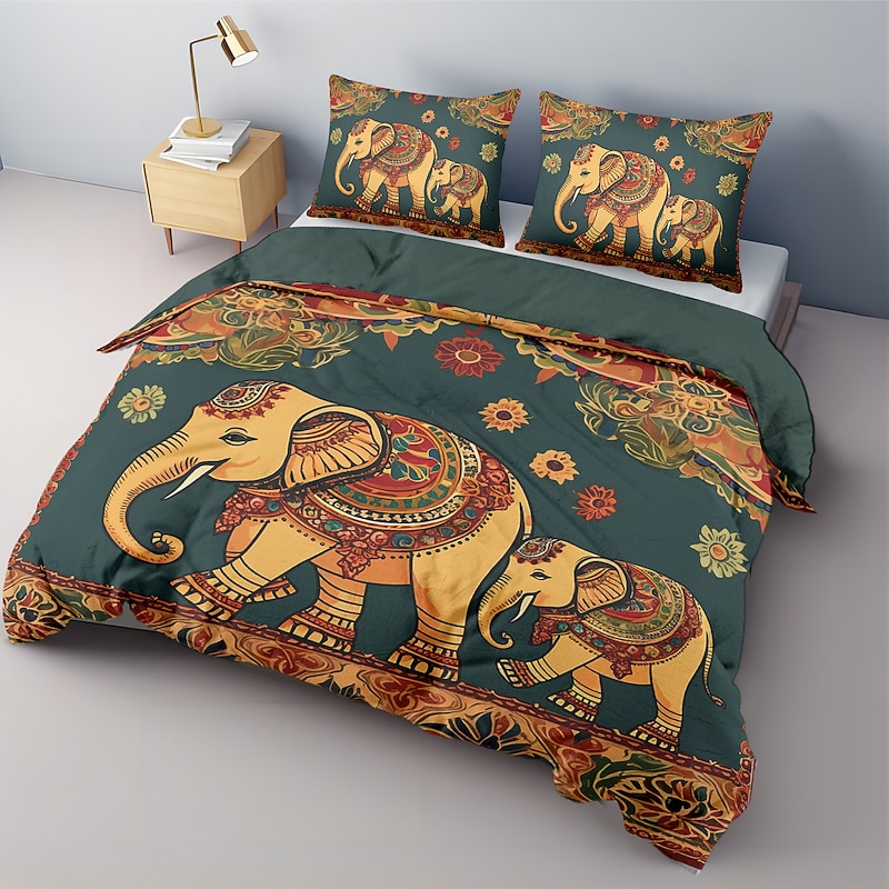 Colorful Elephant Duvet Cover Set Cotton Cotton Bedding Set 2-piece Set 3-piece Lightweight Soft Short Plush Set Native American style Folk Art King Queen Duvet Cover4