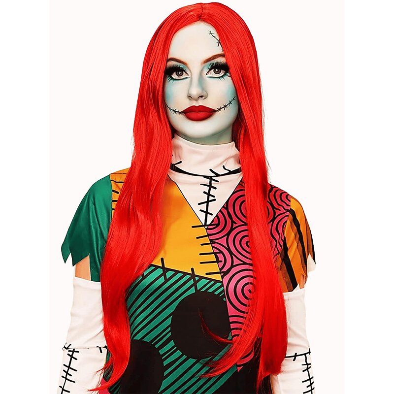 -Red Wig Sally Nightmare Before Christmas Cosplay, Realistic Bright Red Long Wig for Women Men Anime Wigs