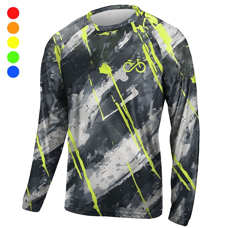 Men's Downhill Jersey Graphic Long Sleeve Bike Top with 3 Rear Pockets Mountain Bike MTB Road Bike Cycling Quick Dry Reflective Strips Back Pocket Moisture Wicking Sports Black Yellow Blue Clothing