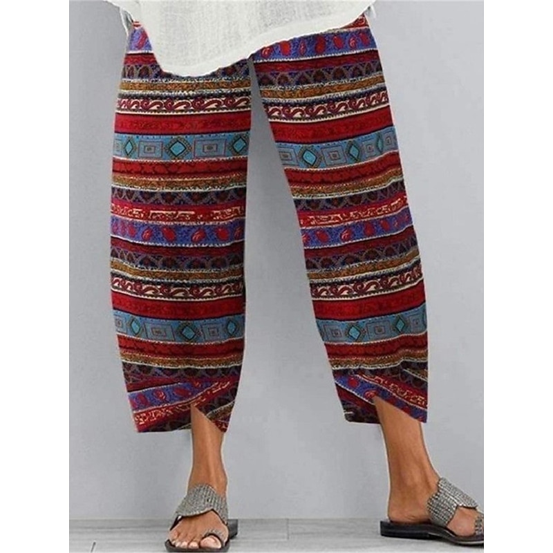 Women's Wide Leg Cotton Linen Pants Pants Trousers Vintage Ethnic Style Ethnic Ankle-Length High Waist Color Block Abstract Pocket Elastic Waist Print Comfort Breathability Soft Micro-elastic Casual 7