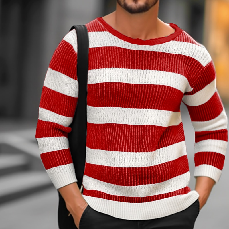 Men's Pullover Sweater Jumper Ribbed Knit Regular Knitted Striped Crew Neck Modern Contemporary Work Daily Wear Clothing Apparel Winter Black Red S M L3
