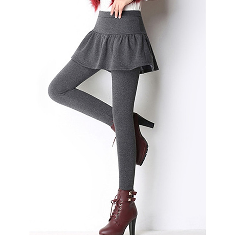 Women's Skort Cozy Fleece Lined Cozy Leggings Fashion Streetwear Full Length High Waist Plain Ruffle 2 in 1 High Cut Comfort Breathability Soft Micro-elastic Vacation Street Daily Ash Black Fall4