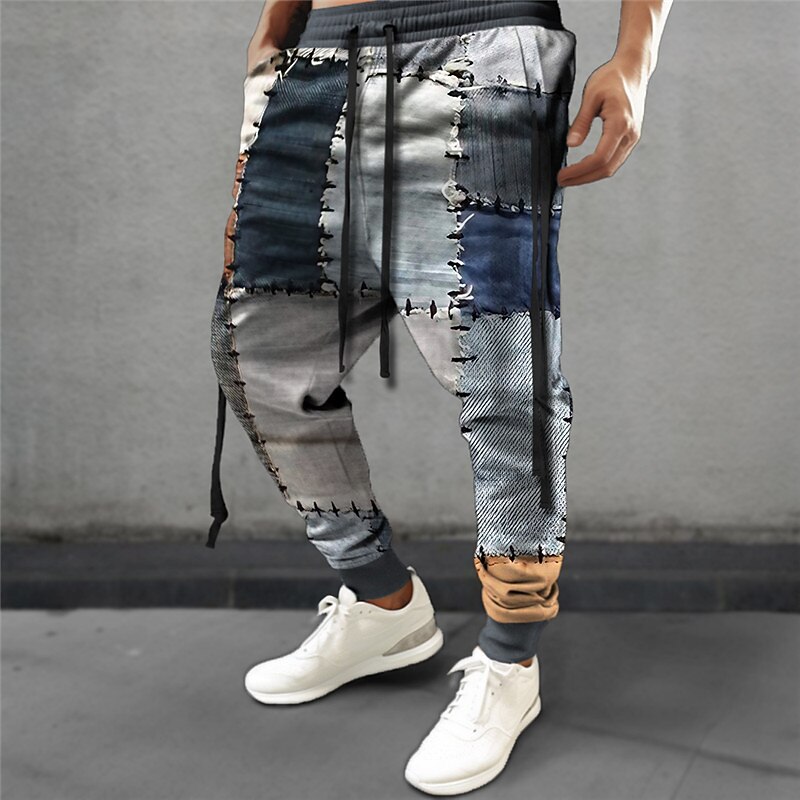 Plaid Geometry Casual Men's 3D Print Sweatpants Joggers Pants Trousers Outdoor Street Casual Daily Polyester Navy Blue Royal Blue Blue S M L Mid Waist Elasticity Pants3