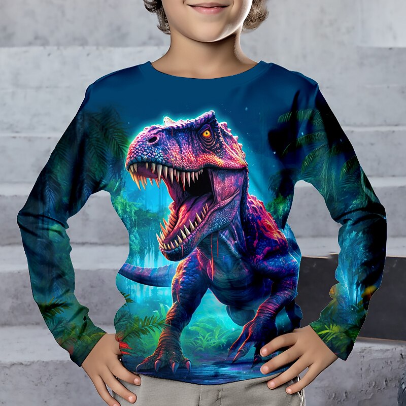 Boys 3D Dinosaur Tee Long Sleeve 3D Print Fall Winter Sports Fashion Streetwear Kids 3-12 Years Crew Neck Outdoor Casual Daily Regular Fit4