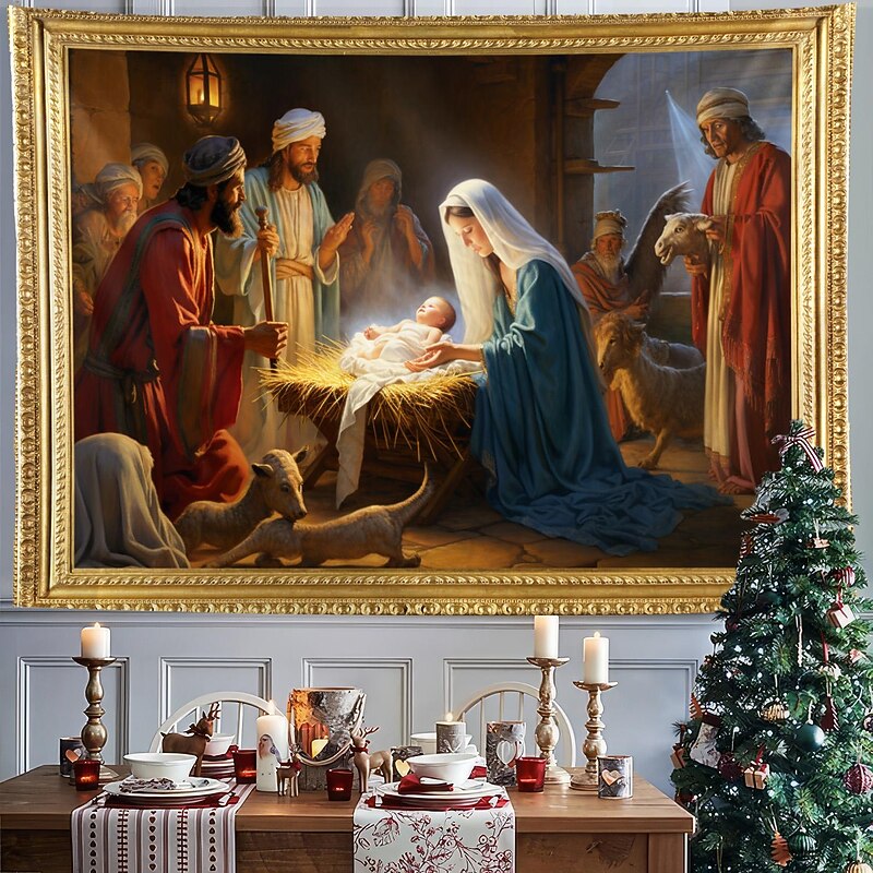 Christmas Decorations Nativity Scene Jesus Baptism Hanging Tapestry Wall Art Xmas Large Tapestry Mural Decor Photograph Backdrop Blanket Curtain Home Bedroom Living Room Decoration
