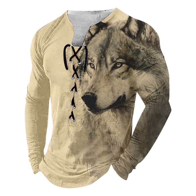 Men's Wolf Long Sleeve T shirt 3D Print Crew Neck Shirt Fashion Retro Vintage Outdoor Casual Holiday Blue Sky Blue Brown Fall Clothing Apparel Normal S M L XL XXL XXXL2